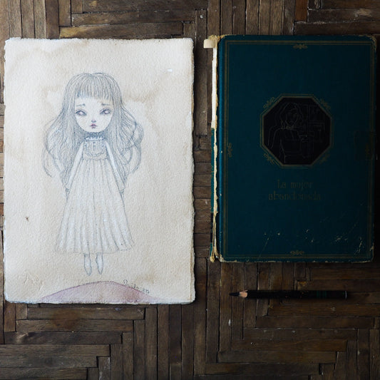 Little ghost girl by Danita Art on graphite pencil over paper. A beautiful Halloween art original painting, perfect to decorate this Halloween.