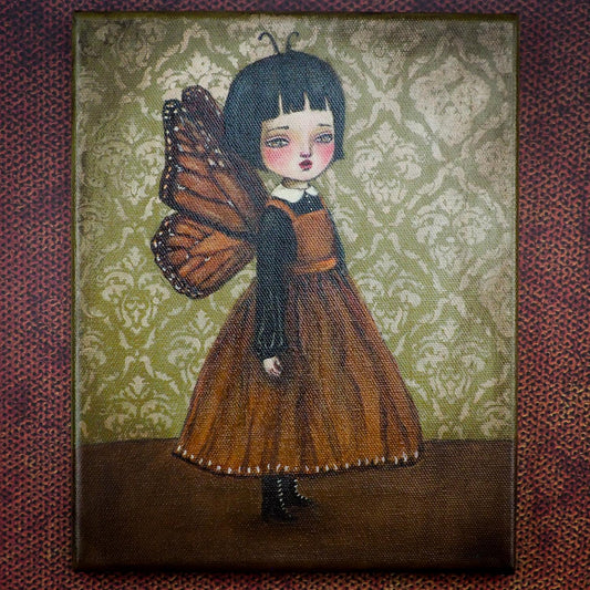 Monarch butterfly Danita original painting. Inspired by a dying butterfly, a surreal melancholic girl frozen in time. Mixed media art home decor original illustration.