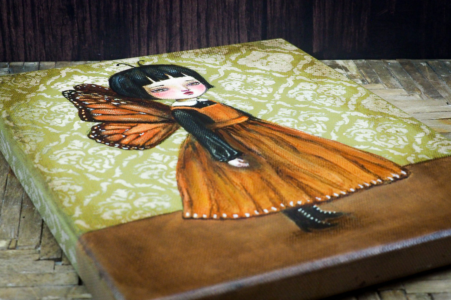 Monarch butterfly Danita original painting. Inspired by a dying butterfly, a surreal melancholic girl frozen in time. Mixed media art home decor original illustration.