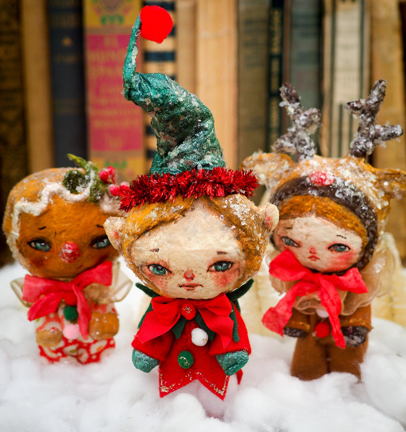 Handmade Christmas Elf tree ornament doll by Danita. Whimsical folk art spun cotton home decor figurine for Holiday season, covered in vintage mica.