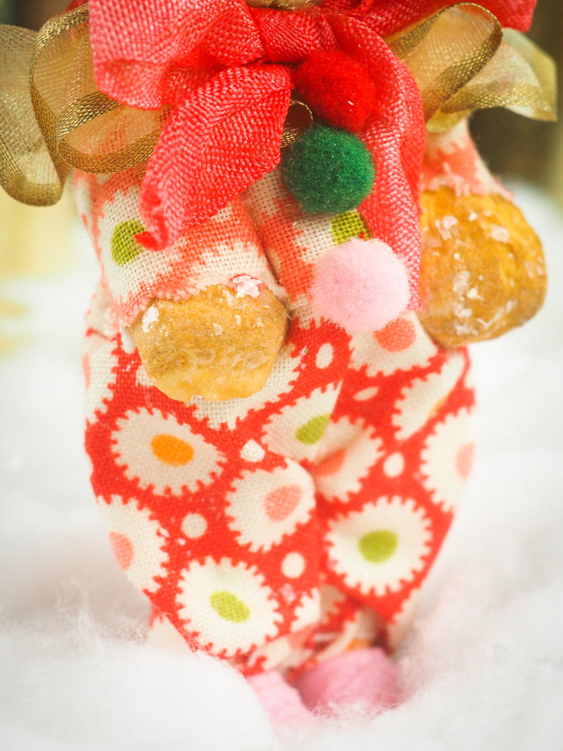 Handmade ginger bread Christmas tree ornament doll by Danita. Whimsical folk art spun cotton home decor figurine for Holiday season, covered in vintage mica.