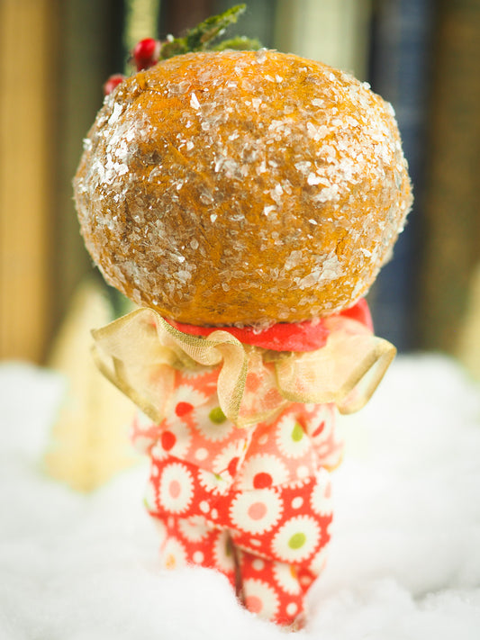 Handmade ginger bread Christmas tree ornament doll by Danita. Whimsical folk art spun cotton home decor figurine for Holiday season, covered in vintage mica.