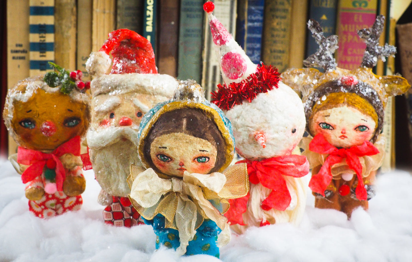 Handmade Christmas tree ornament Santa Claus doll by Danita. Whimsical folk art spun cotton home decor figurine for Holiday season, covered in vintage mica.