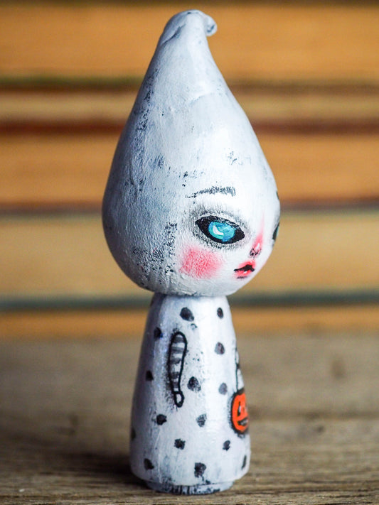 KAREN THE GHOST - Original hand made Kokeshi wood peg Halloween art minifig doll by Danita, Miniature Dolls by Danita Art