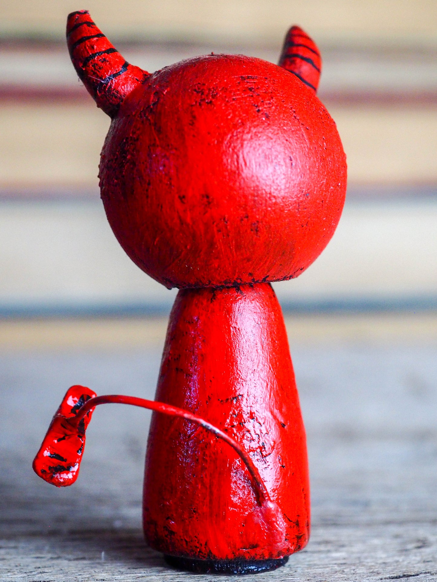 Danita original wooden kokeshi art doll. Home decor Halloween red devil girl mini figurine, perfect to decorate desks and shelves. Collectible items from Danita!