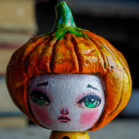 Danita original wooden kokeshi art doll. Home decor Halloween pumpkin jack-o-lantern girl mini figurine, perfect to decorate desks and shelves. Collectible items from Danita!