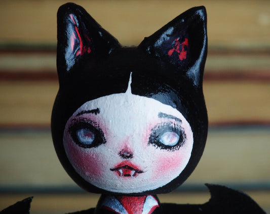 HANNAH THE VAMPIRE BAT - Danita Halloween hand made minifig. A Kokeshi wood peg doll handmade by Danita, Miniature Dolls by Danita Art