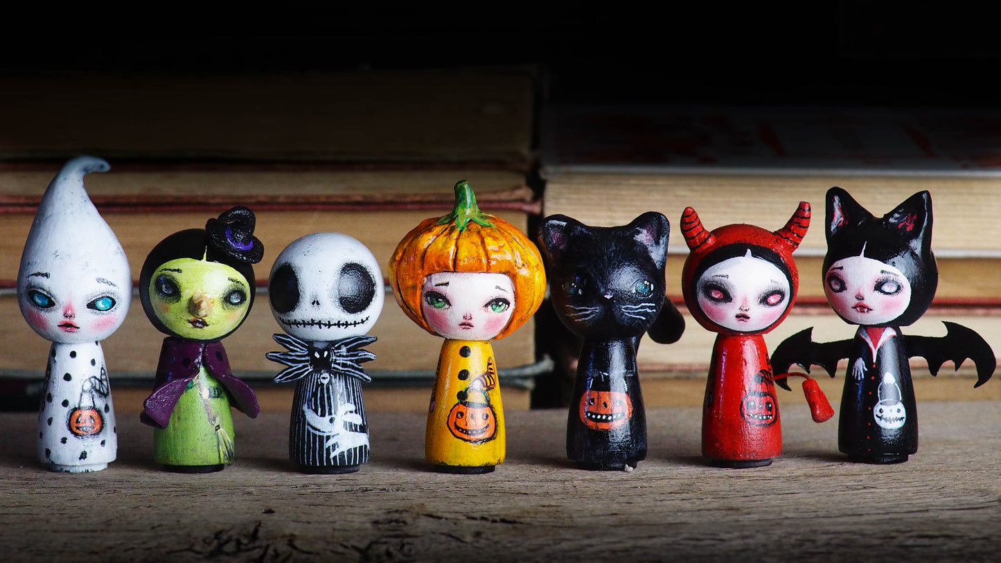 HANNAH THE VAMPIRE BAT - Danita Halloween hand made minifig. A Kokeshi wood peg doll handmade by Danita, Miniature Dolls by Danita Art