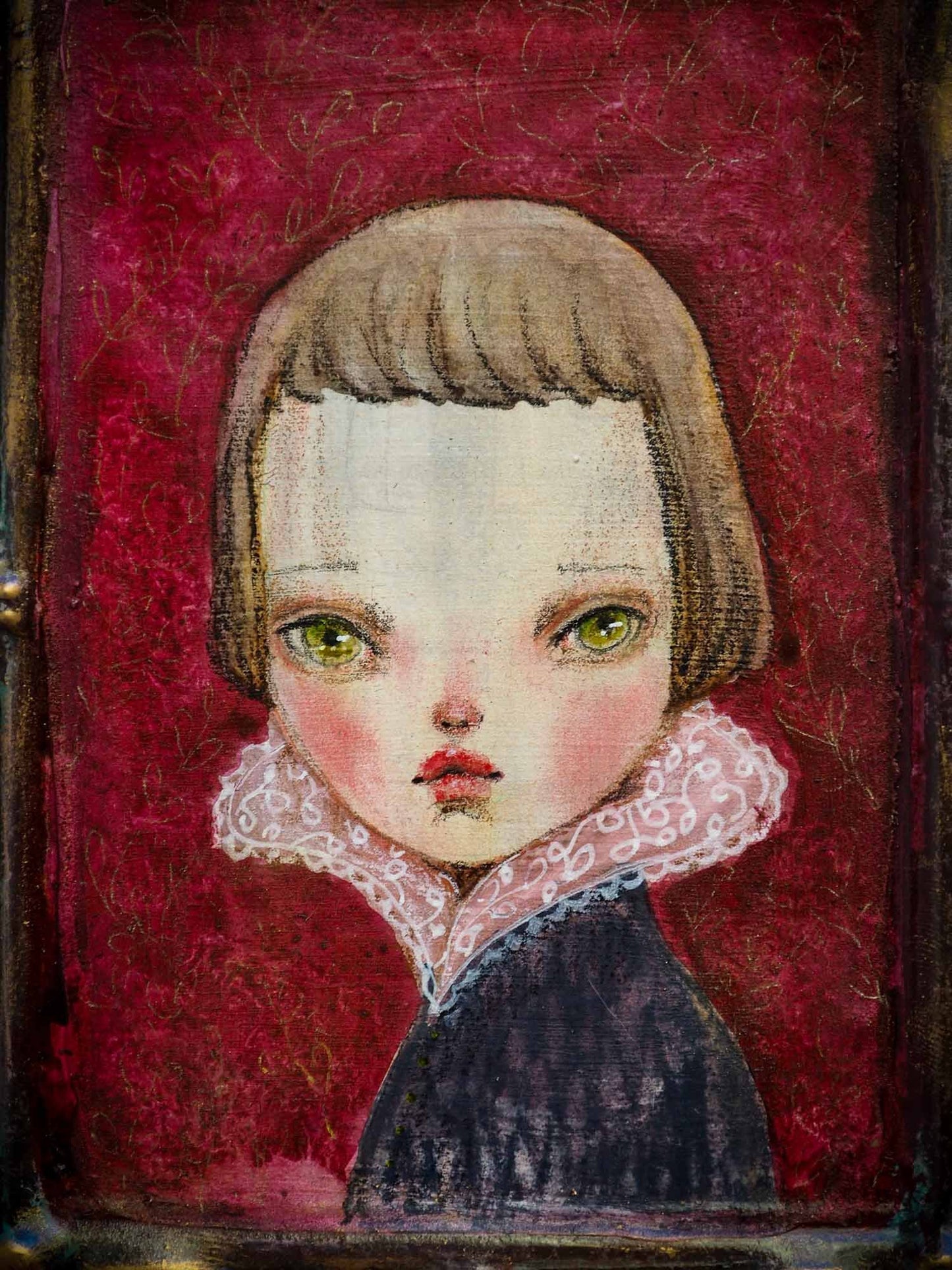 An original watercolor painting by Danita Art. Royal woman portrait with green eyes in watercolor over metal by Mexican mixed media painter and doll maker Danita.