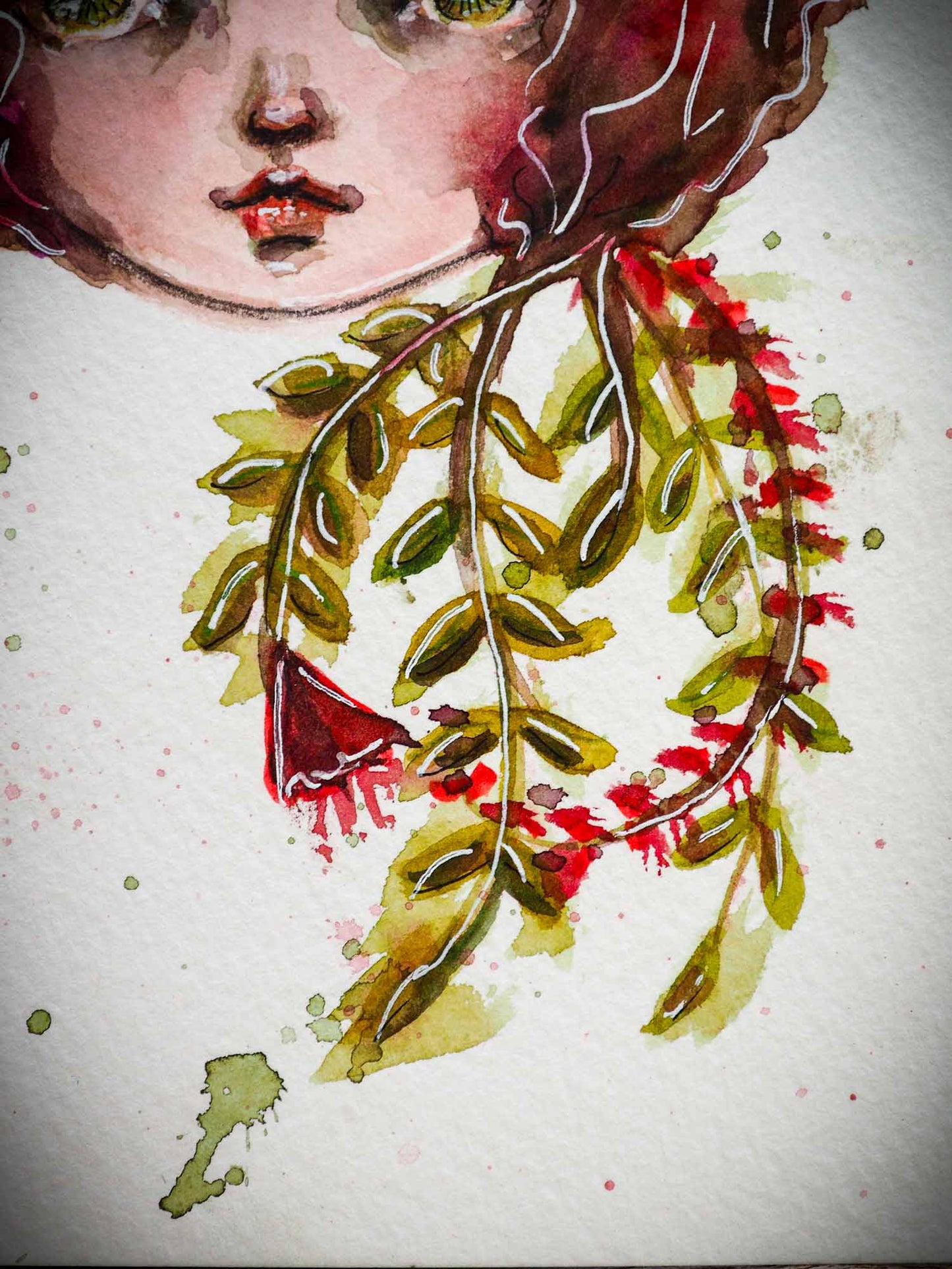 Watercolor on paper original painting by Danita Art. A blooming rose has the face of a green eyed girl as she open her hair petals and hair.