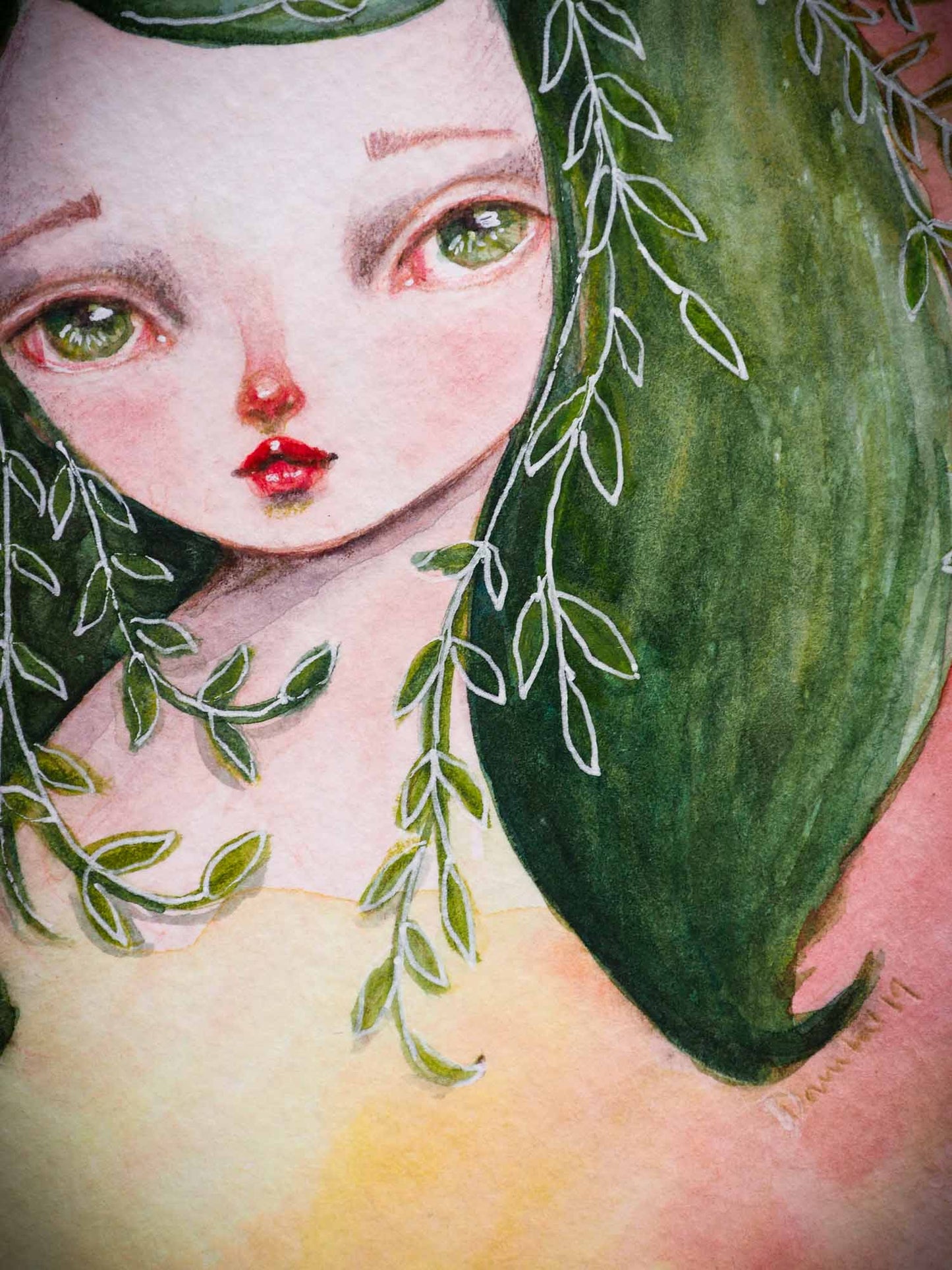 MOTHER OF PLANTS, a fantasy inspired watercolor painting on paper by Danita Art. This girl has leaves in her hair and earth tones that will match nicely a home full of plants and nature. By Danita Art.