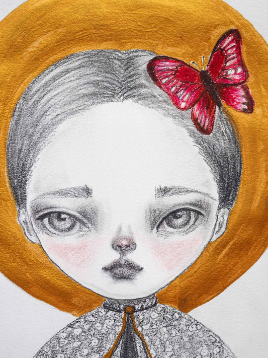 Original mixed media illustration in Pencil, watercolor, gouache and ink by Danita Art. A beautiful girl with deep mesmerizing and expressive eyes has a red butterfly perched on her head like a brooch.