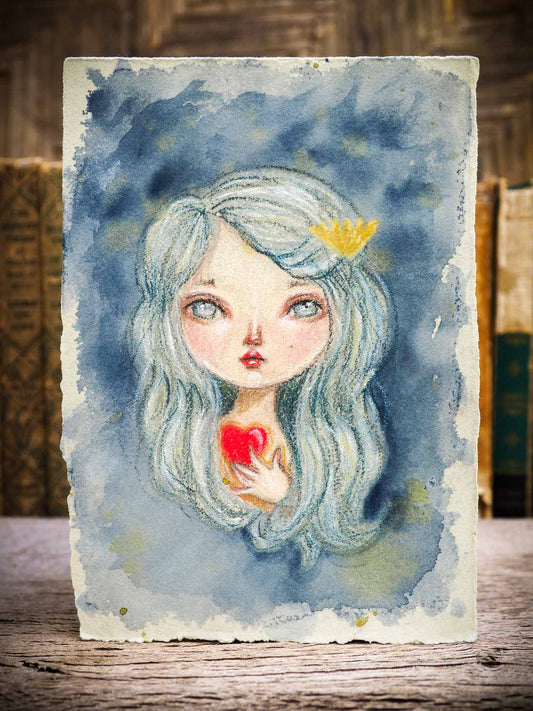 Original Mermaid color pencil and watercolor illustration on hand made paper by Danita Art. A beautiful drawing in colored pencil features fantasy art mermaid and siren with a red heart in her hands by Danita Art.