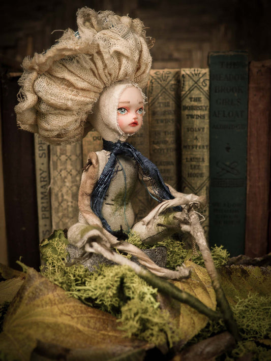 An original forest fairy mushroom fungi toadstool girl art doll handmade by Danita Art, using with original patterns, organic fabric dyed using only natural ingredients like avocado peels, walnuts and marigolds. Each mini art doll in this toy collection is a mini work of huggable fabric art that will be treasured by any collector of Danita's melancholic and fantastic work.