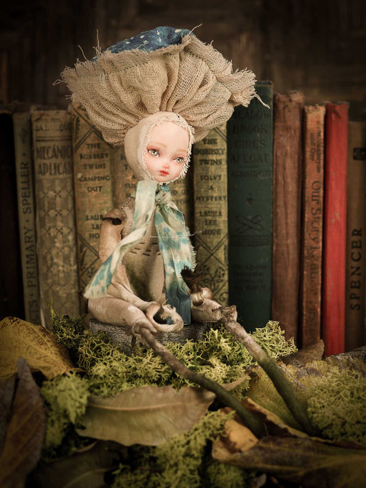 An original handmade art doll by Danita Art, made with original patterns, organic fabric dyed using only natural ingredients like avocado peels, walnuts and marigolds. Each mini art doll in this toy collection is a mini work of huggable fabric art that will be treasured by any collector of Danita's melancholic and fantastic work.