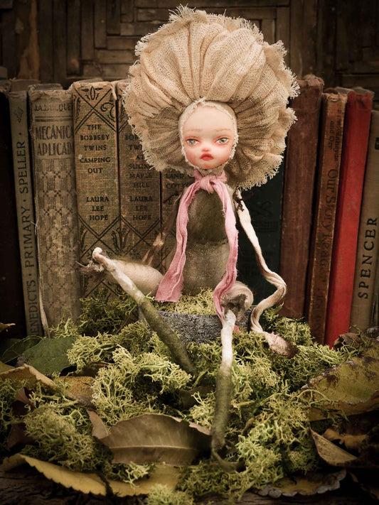 An original forest fairy mushroom fungi toadstool girl art doll handmade by Danita Art, using with original patterns, organic fabric dyed using only natural ingredients like avocado peels, walnuts and marigolds. Each mini art doll in this toy collection is a mini work of huggable fabric art that will be treasured by any collector of Danita's melancholic and fantastic work.