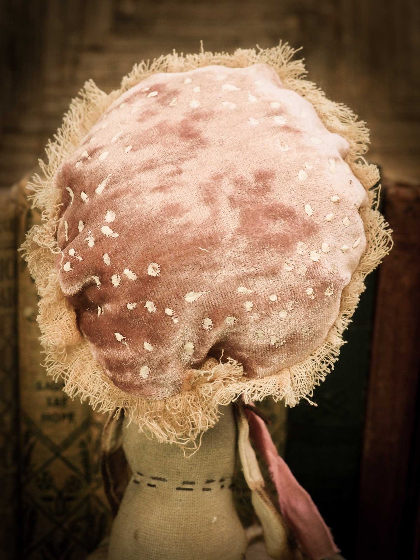 An original forest fairy mushroom fungi toadstool girl art doll handmade by Danita Art, using with original patterns, organic fabric dyed using only natural ingredients like avocado peels, walnuts and marigolds. Each mini art doll in this toy collection is a mini work of huggable fabric art that will be treasured by any collector of Danita's melancholic and fantastic work.