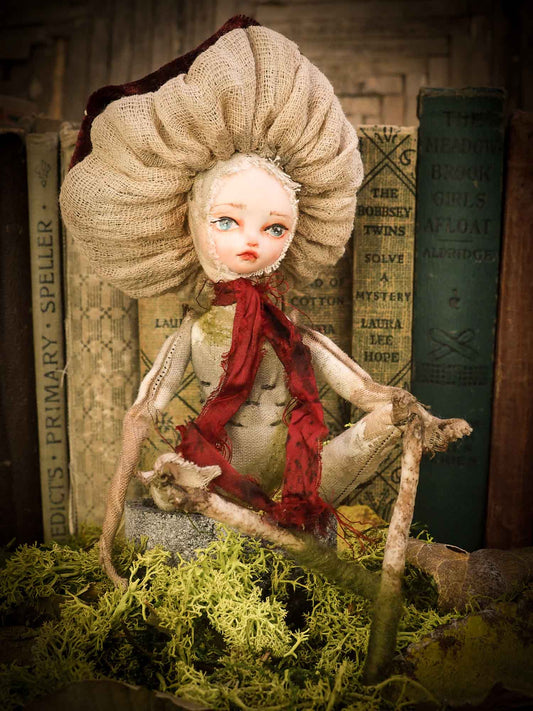 An original forest fairy mushroom fungi toadstool girl art doll handmade by Danita Art, using with original patterns, organic fabric dyed using only natural ingredients like avocado peels, walnuts and marigolds. Each mini art doll in this toy collection is a mini work of huggable fabric art that will be treasured by any collector of Danita's melancholic and fantastic work.