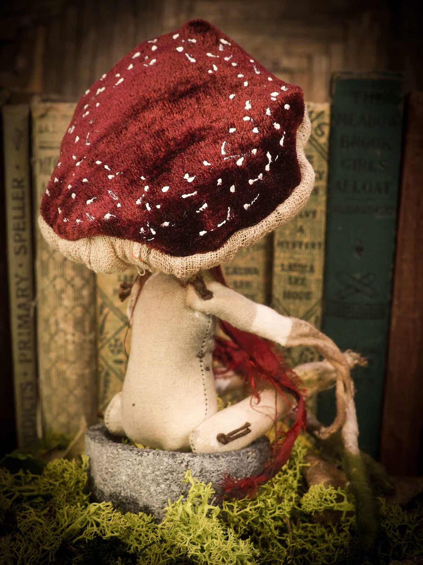 An original forest fairy mushroom fungi toadstool girl art doll handmade by Danita Art, using with original patterns, organic fabric dyed using only natural ingredients like avocado peels, walnuts and marigolds. Each mini art doll in this toy collection is a mini work of huggable fabric art that will be treasured by any collector of Danita's melancholic and fantastic work.