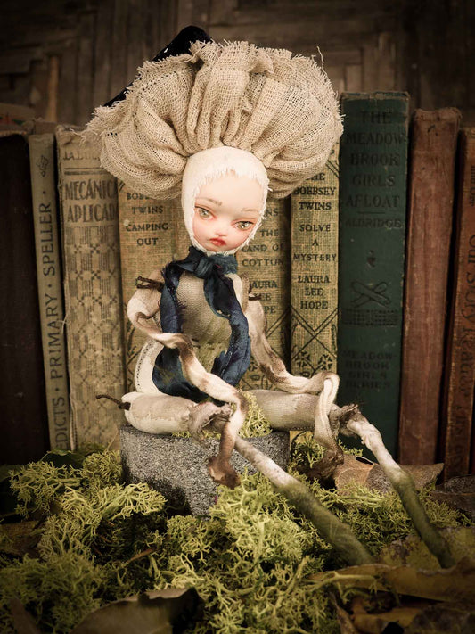 An original forest fairy mushroom fungi toadstool girl art doll handmade by Danita Art, using with original patterns, organic fabric dyed using only natural ingredients like avocado peels, walnuts and marigolds. Each mini art doll in this toy collection is a mini work of huggable fabric art that will be treasured by any collector of Danita's melancholic and fantastic work.