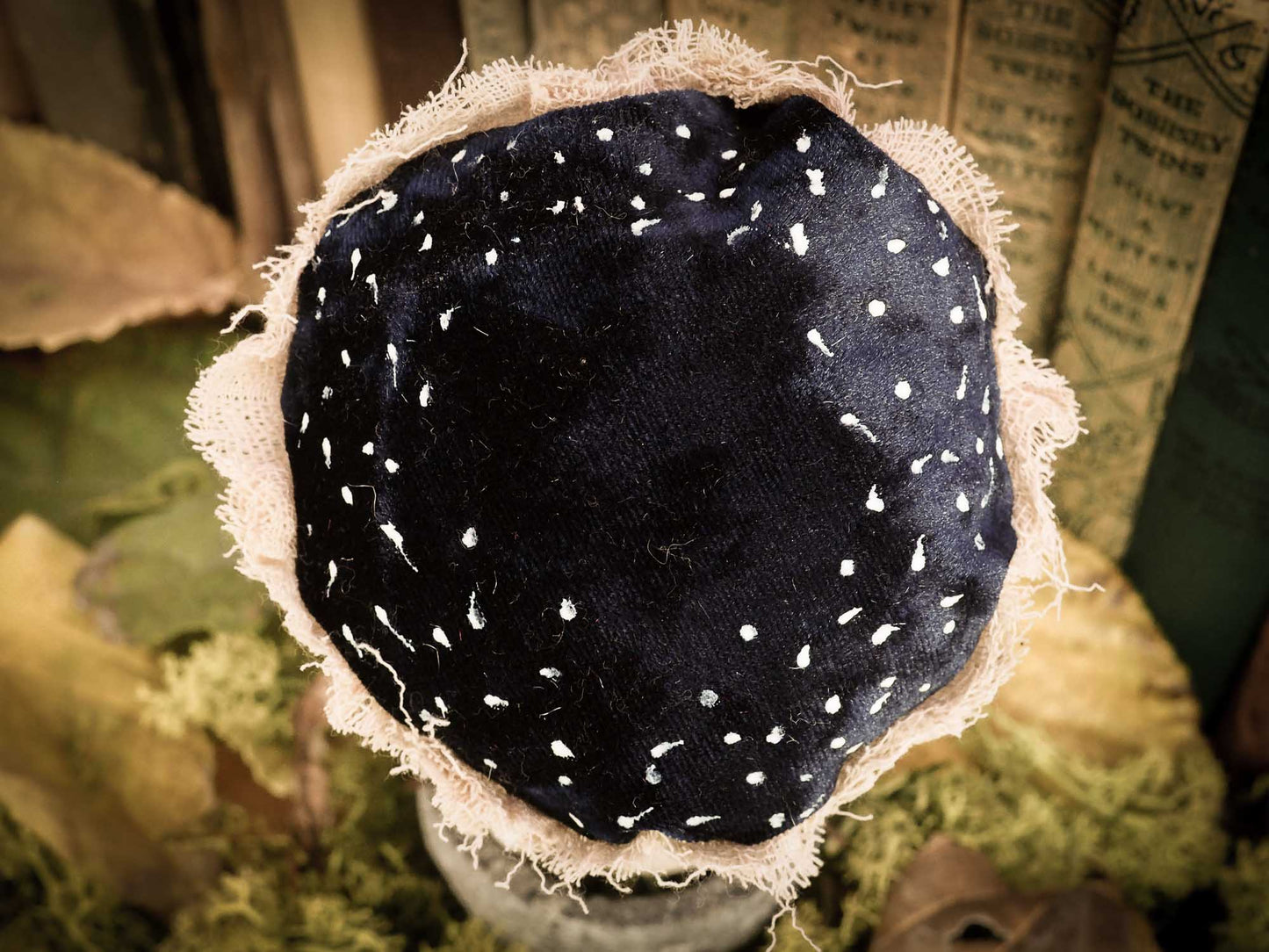 An original forest fairy mushroom fungi toadstool girl art doll handmade by Danita Art, using with original patterns, organic fabric dyed using only natural ingredients like avocado peels, walnuts and marigolds. Each mini art doll in this toy collection is a mini work of huggable fabric art that will be treasured by any collector of Danita's melancholic and fantastic work.