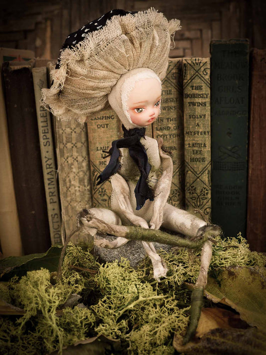 An original forest fairy mushroom fungi toadstool girl art doll handmade by Danita Art, using with original patterns, organic fabric dyed using only natural ingredients like avocado peels, walnuts and marigolds. Each mini art doll in this toy collection is a mini work of huggable fabric art that will be treasured by any collector of Danita's melancholic and fantastic work.