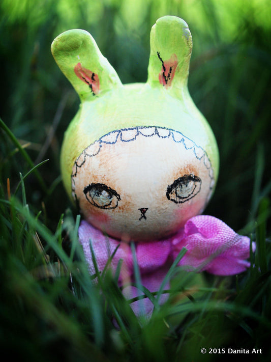 Lime, the green kokeshi Easter bunny, Miniature Dolls by Danita Art