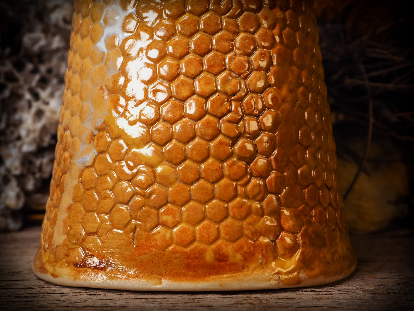 Original handmade ceramic flower vase, artist brush and pencil holder by Idania Salcido, Danita Art. A honeycomb bee shaped statue with china doll head. Handmade touch to any artist's studio with handmade glazed ceramic good for watercolors acrylics inks and oil paints. Clean with water or mineral spirits.