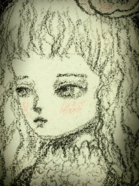 This is a very simple drawing in pencil by Danita Art, with just a little bit of rouge red on her cheeks. I love the vintage style of the image, and the little frame that comes with it it's just perfect for her.