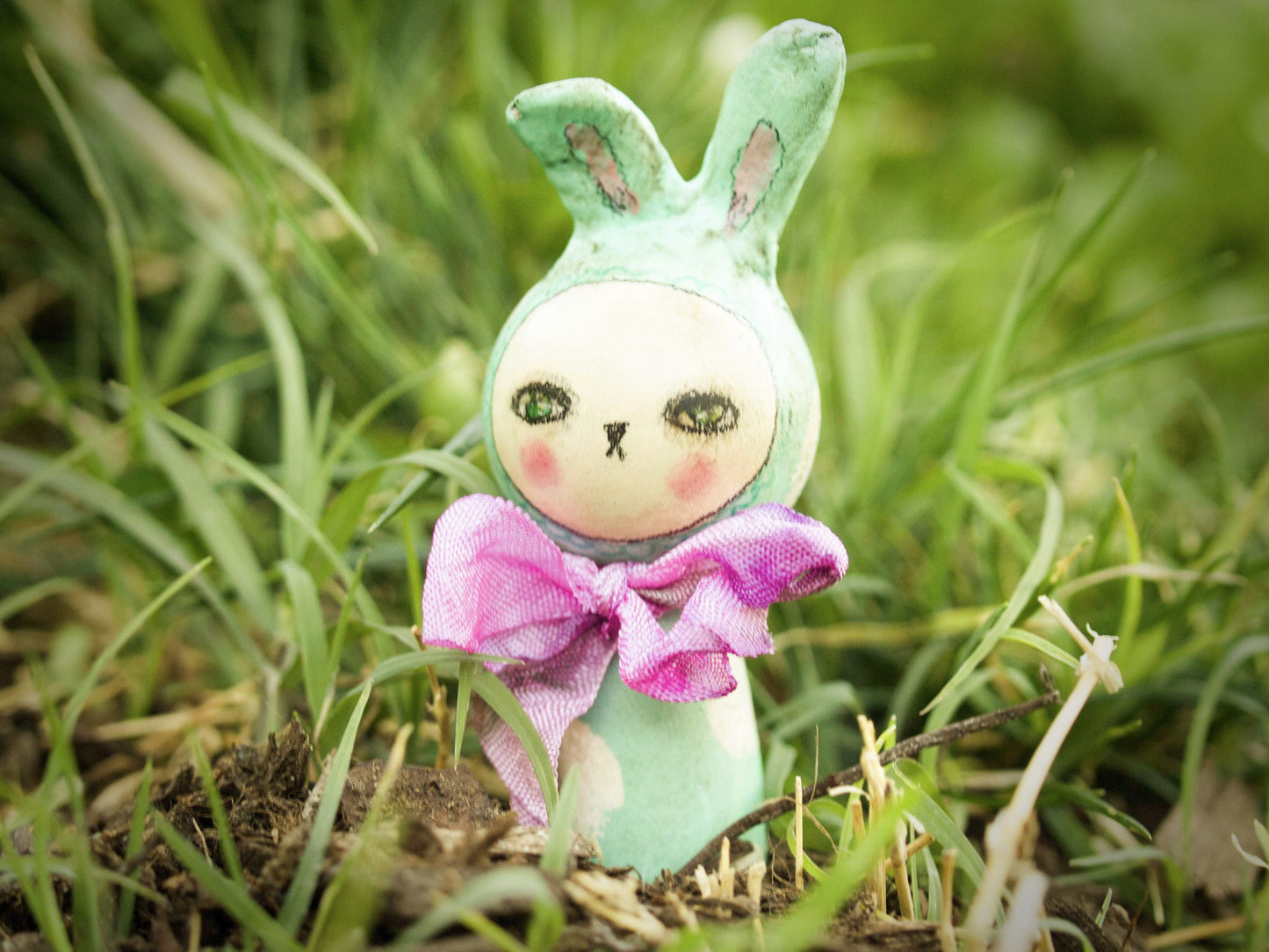 Friday, the green kokeshi Easter bunny, Miniature Dolls by Danita Art