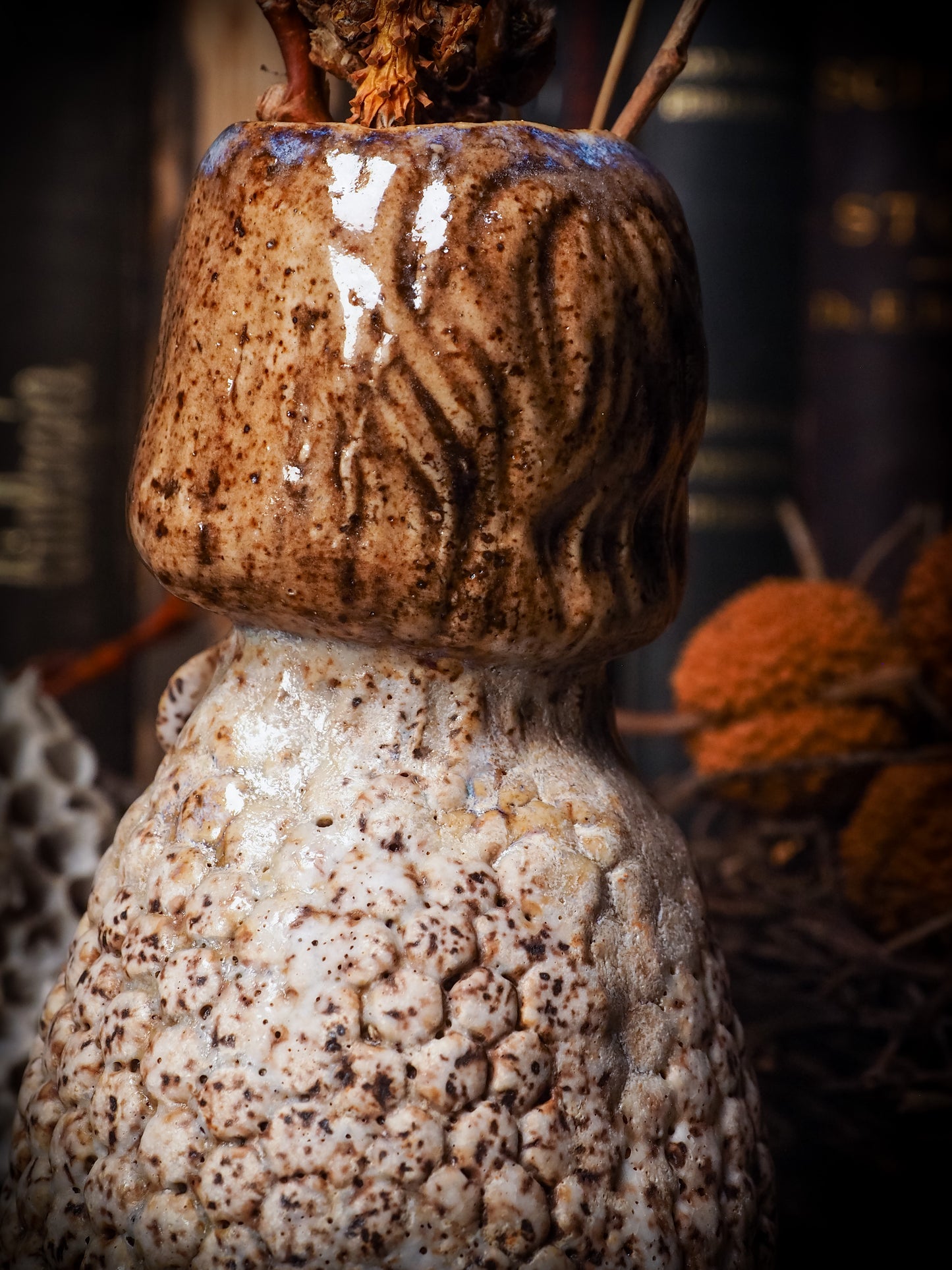 Original handmade ceramic flower vase, artist brush and pencil holder by Idania Salcido, Danita Art. A honeycomb bee shaped statue with china doll head. Handmade touch to any artist's studio with handmade glazed ceramic good for watercolors acrylics inks and oil paints. Clean with water or mineral spirits.