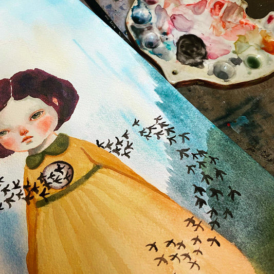A beautiful original watercolor by Idania Salcido, the artist behind Danita Art. A vintage looking girl in a yellow dress and a hole in her heart. Black birds go trough her and take her sorrows away.