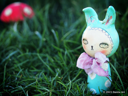 Turquoise, the blue kokeshi Easter bunny, Miniature Dolls by Danita Art