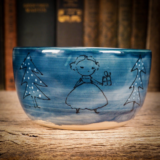 Ready for your Christmas candy and sweets, this original ceramic bowl from Idania Salcido, Danita Art is Handmade glazed ceramic bowl measures 4.5 inches in diameter, hand decorated by the artist with a winter illustration of three girls walking in the forest, just before Christmas.