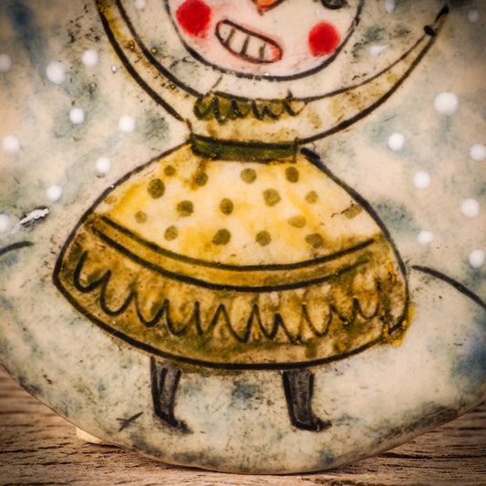 An original Christmas Holiday tree round glazed ceramic ornament handmade by Idania Salcido, the artist behind Danita Art. Glazed carved sgraffito stoneware, hand painted and decorated, it is illustrated by hand with winter scenes with snowmen, Christmas trees, Santa Claus, snow balls and winter themes.