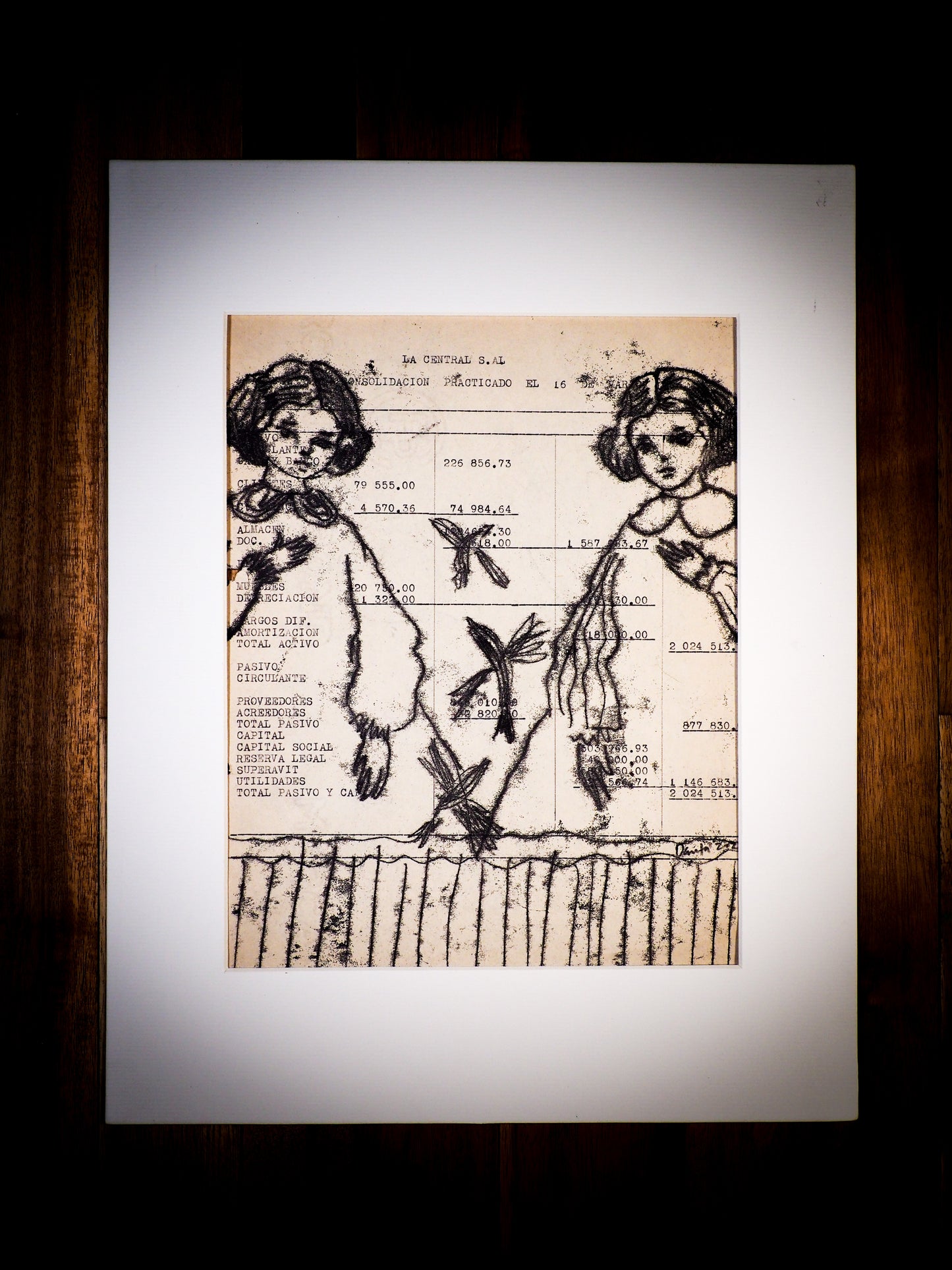 An original watercolor painting by Idania Salcido, the artist behind Danita Art. This is a beautiful monoprint, a one of a kind ink and vintage paper original art creation with two girls and very stylized birds flying in the midsts of a mid 20th century ledger sheet with typewriter characters.