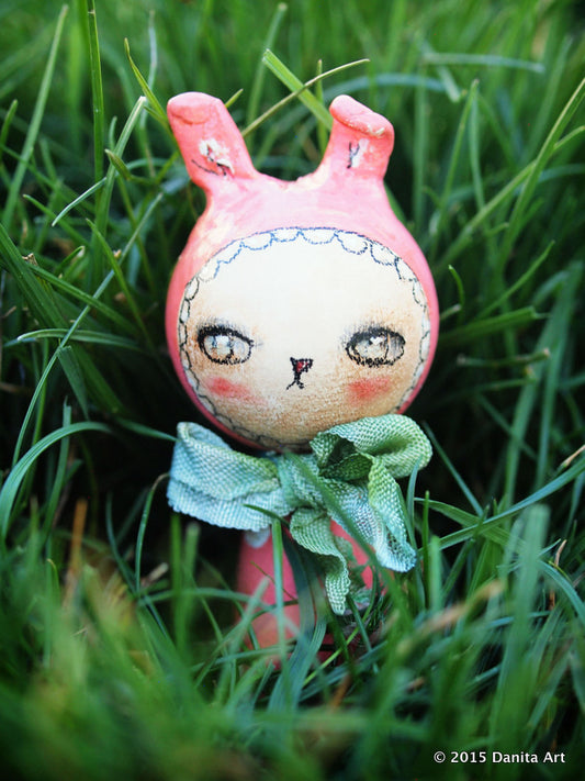 Pinkie Pie, the pink kokeshi Easter bunny, Miniature Dolls by Danita Art