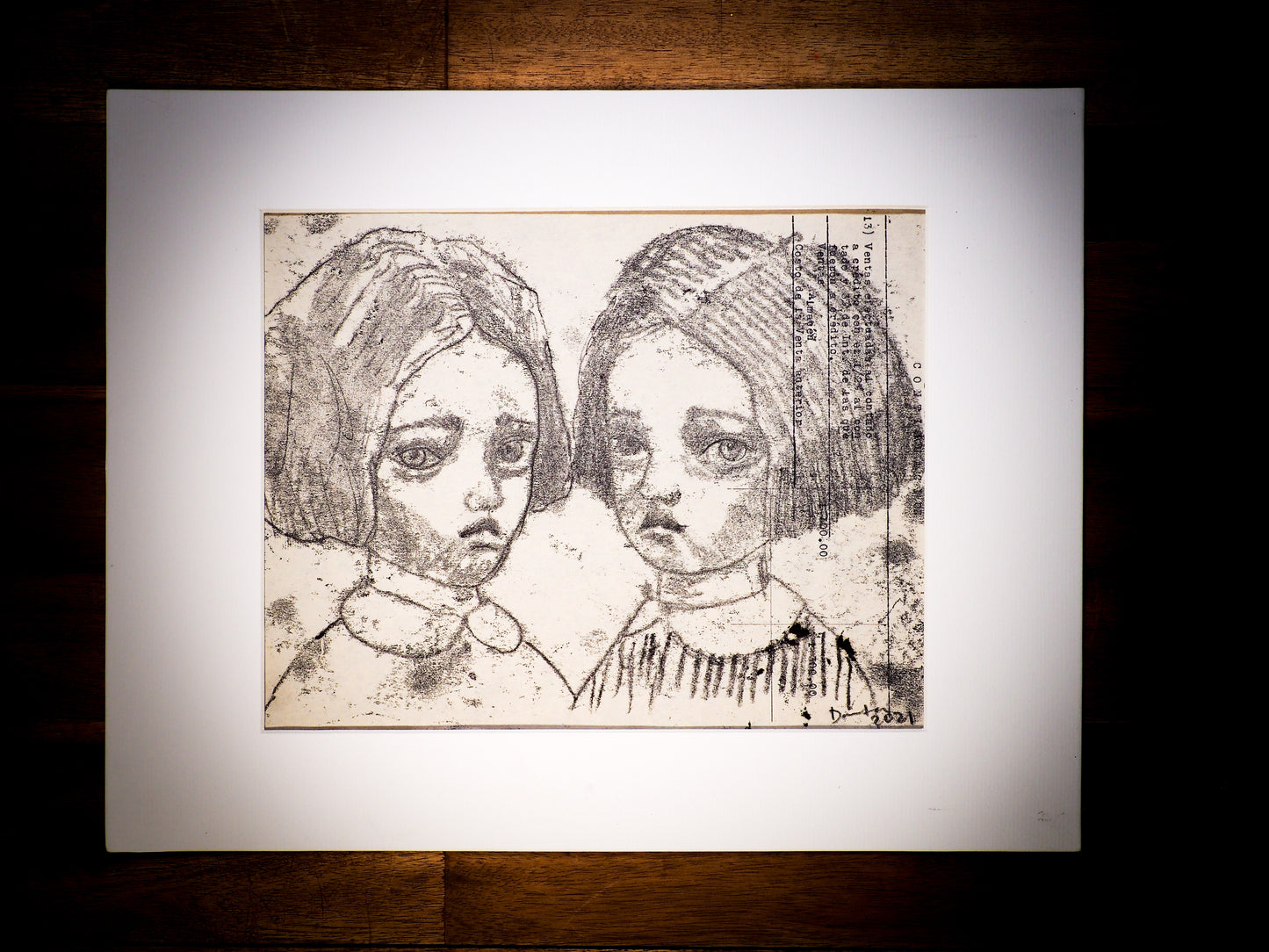 An original watercolor painting by Idania Salcido, the artist behind Danita Art. This is a beautiful monoprint, a one of a kind ink and vintage paper original art creation with two girls and very stylized birds flying in the midsts of a mid 20th century ledger sheet with typewriter characters.