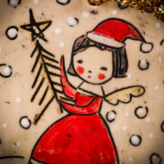 An original Christmas Holiday tree round glazed ceramic ornament handmade by Idania Salcido, the artist behind Danita Art. Glazed carved sgraffito stoneware, hand painted and decorated, it is illustrated by hand with winter scenes with snowmen, Christmas trees, Santa Claus, snow balls and winter themes.