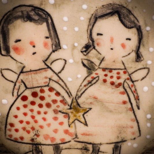 An original Christmas Holiday tree round glazed ceramic ornament handmade by Idania Salcido, the artist behind Danita Art. Glazed carved sgraffito stoneware, hand painted and decorated, it is illustrated by hand with winter scenes with snowmen, Christmas trees, Santa Claus, snow balls and winter themes.