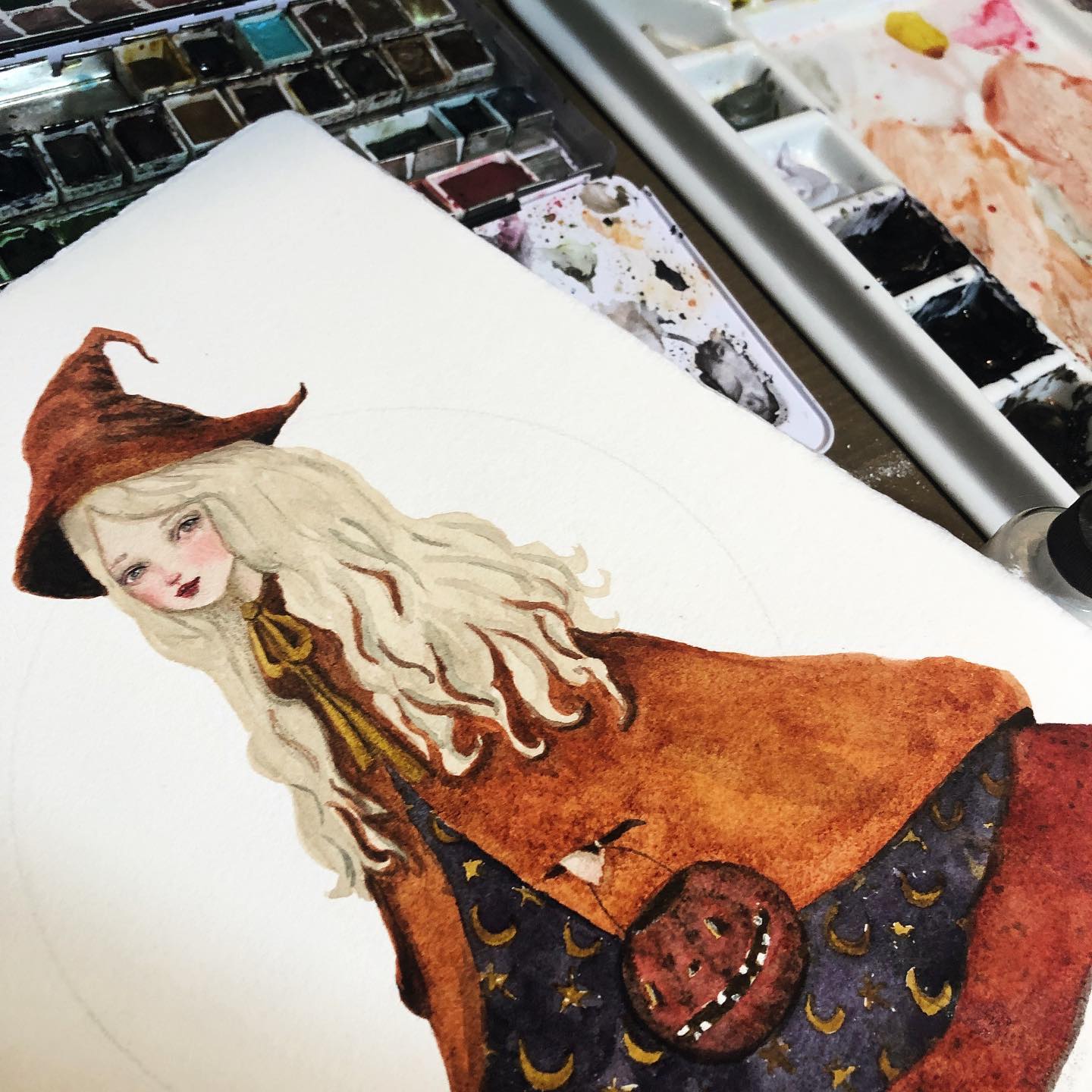 Beautiful original watercolor Halloween art by Danita. Inspired by vintage halloween postcards and photographs, this whimsical folk art inspired watercolor painting will be an amazing home decor accent.