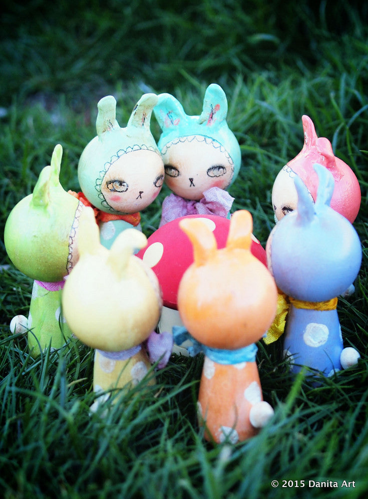 Aqua, the blue kokeshi Easter bunny, Miniature Dolls by Danita Art