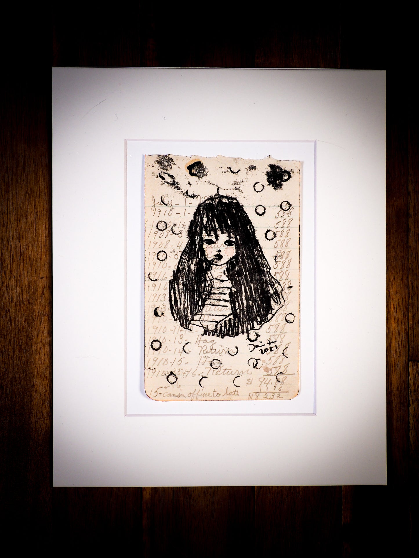 An original watercolor painting by Idania Salcido, the artist behind Danita Art. This is a beautiful monoprint, a one of a kind ink and vintage paper original art, a self portrait painted on a mid 20th century notes sheet with handwritten characters in ink.