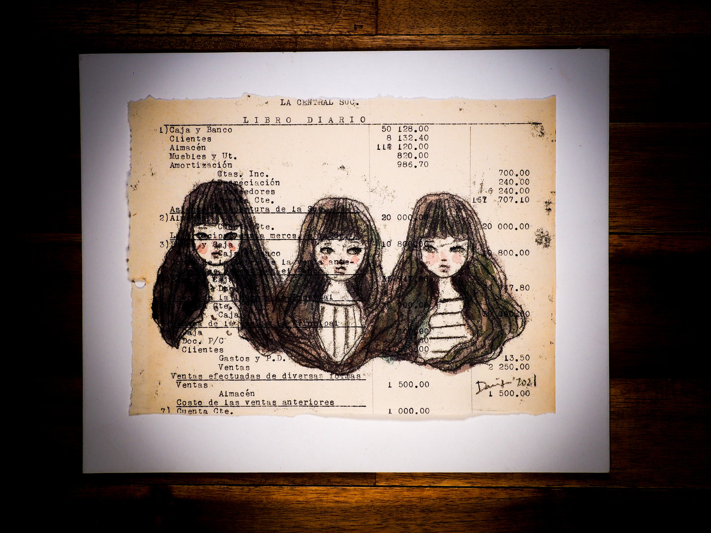 An original watercolor painting by Idania Salcido, the artist behind Danita Art. This is a beautiful monoprint, a one of a kind ink and vintage paper original art creation depicting there girls, my sisters and me, painted on a mid 20th century ledger sheet with typewriter characters.