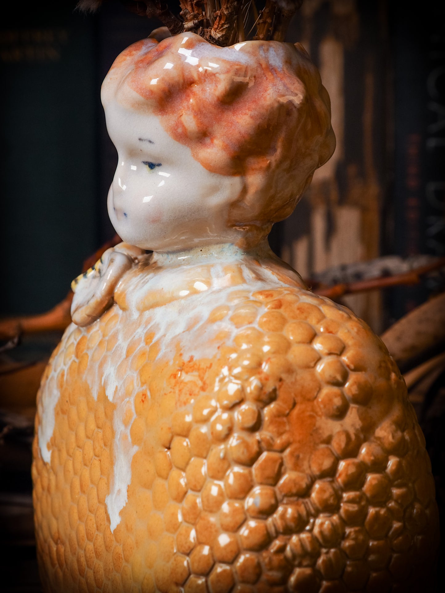 Original handmade ceramic flower vase, artist brush and pencil holder by Idania Salcido, Danita Art. A honeycomb bee shaped statue with china doll head. Handmade touch to any artist's studio with handmade glazed ceramic good for watercolors acrylics inks and oil paints. Clean with water or mineral spirits.