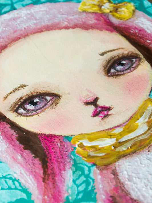 A pop surrealism self portrait of Danita as a pink, fluffy bunny in mixed media.