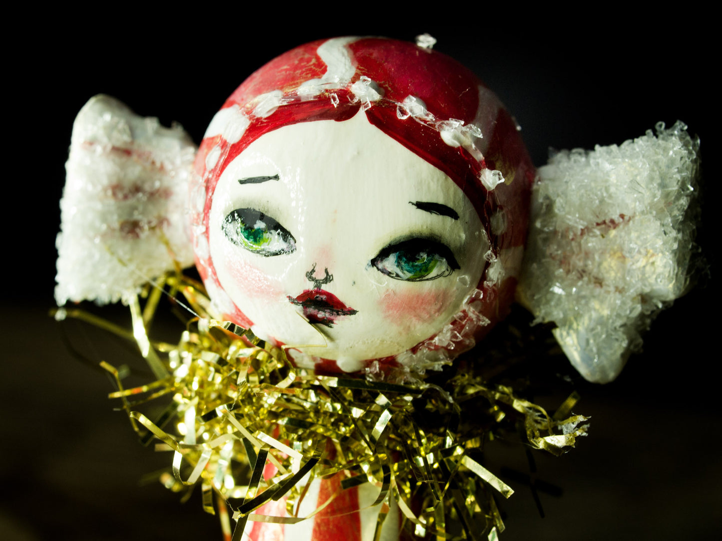 Peppermint candy girl, a holiday wood kokeshi art doll created by Danita Art