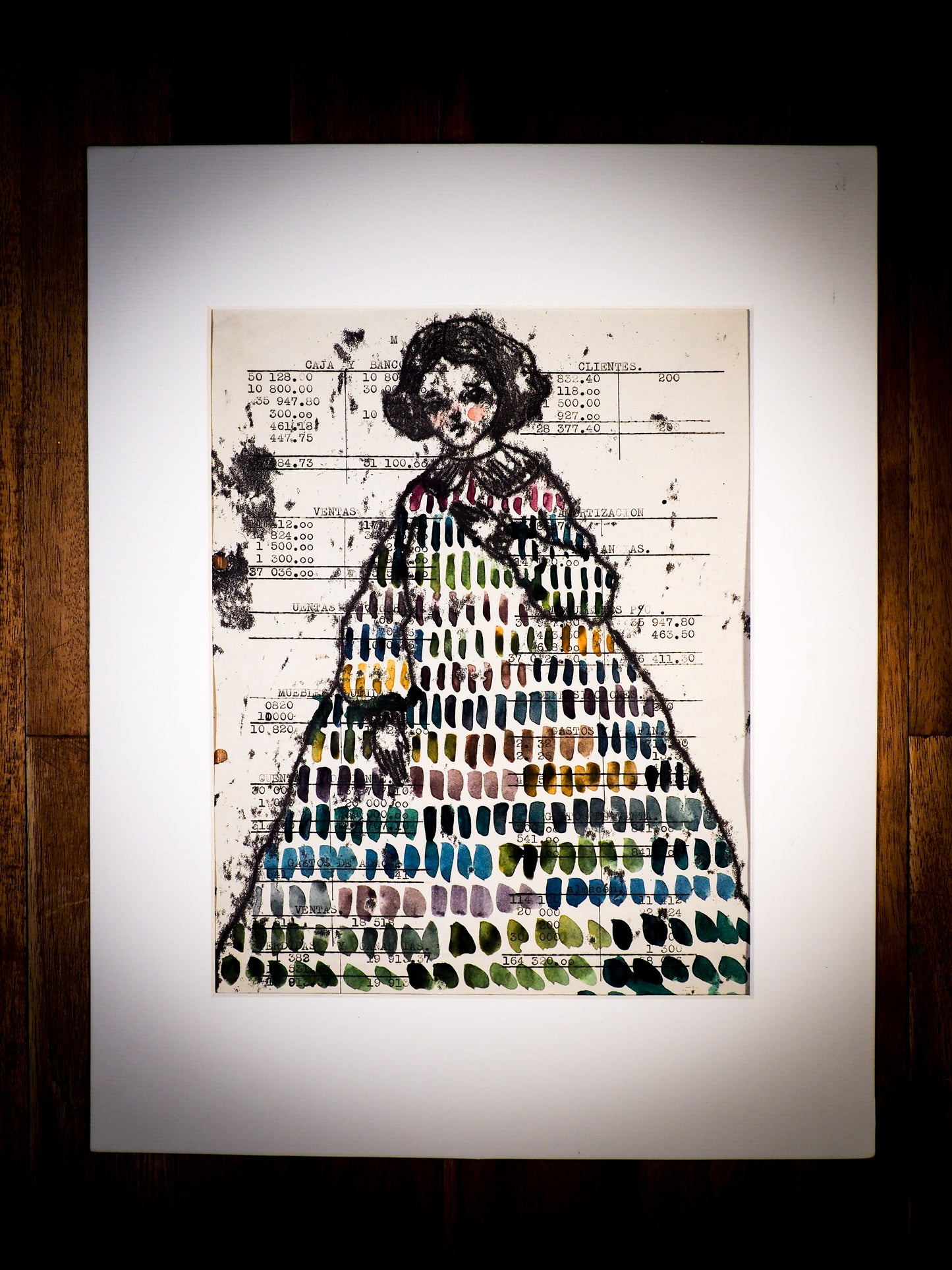 An original watercolor painting by Idania Salcido, the artist behind Danita Art. This is a beautiful monoprint, a one of a kind ink and vintage paper original art, a hand drawn girl in ink, wearing a colorful watercolor dress on mid 20th century typewriting class exercise.