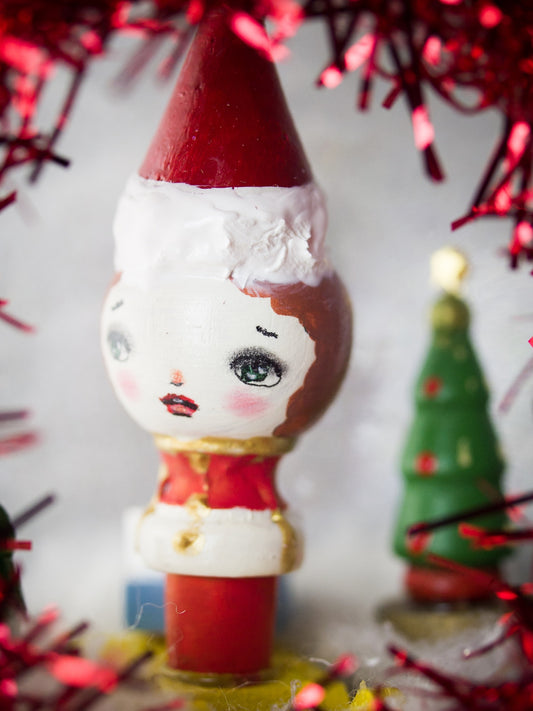 Handmade Christmas three ornament with Kokeshi miniature wooden art doll by Danita Art