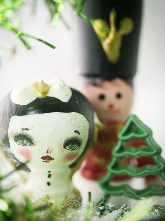 Handmade Christmas three ornament with Kokeshi miniature wooden art doll by Danita Art